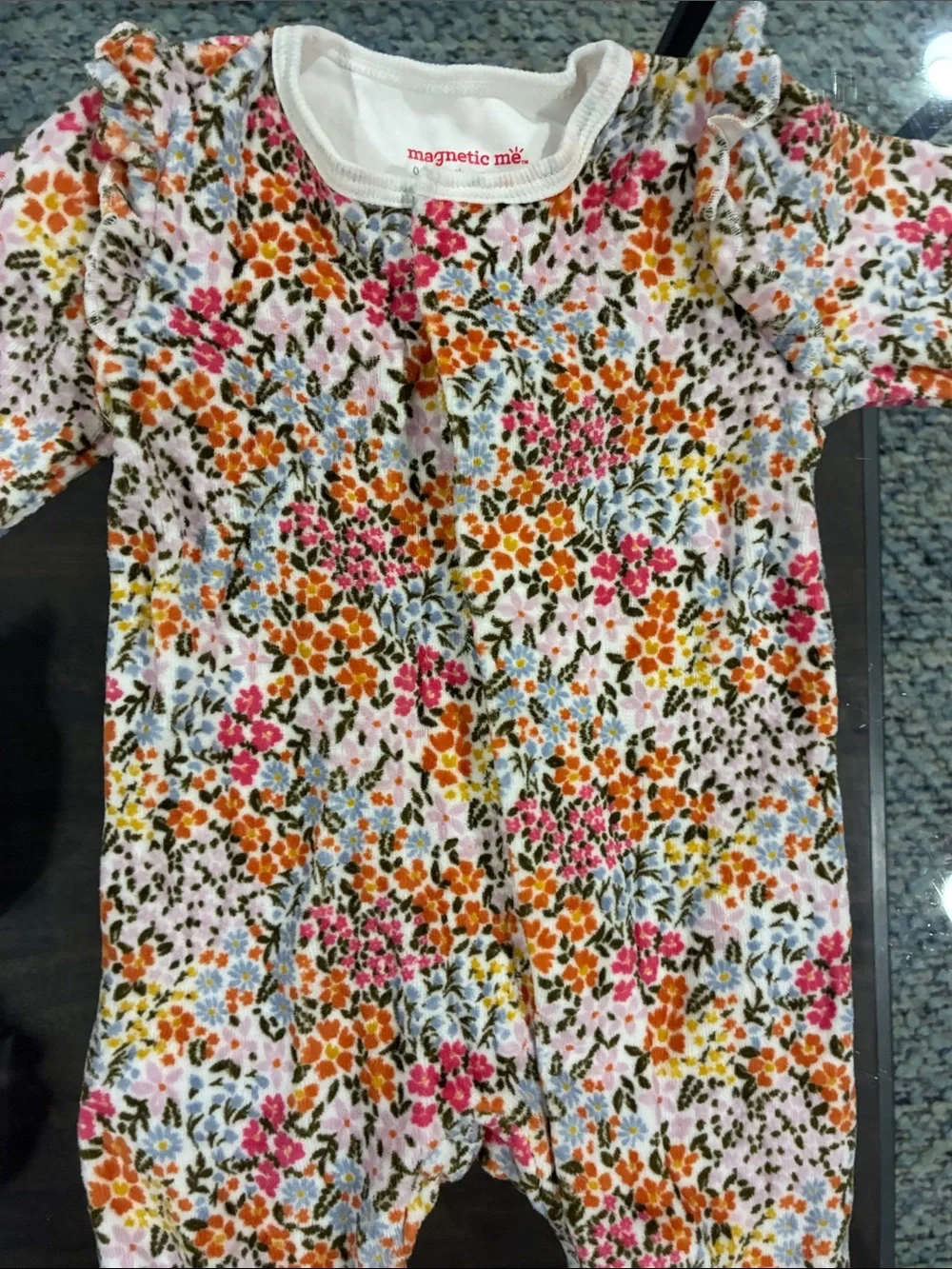 Magnetic Me Floral Knit Baby Romper in Pink, Orange, Blue & Green - Picture 1 of 3